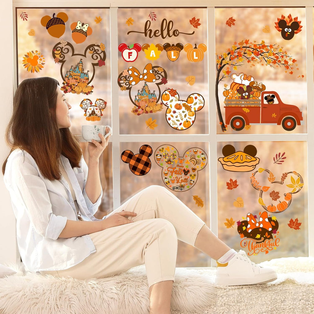 Mouse Themed Fall Window Clings - 9 Sheets Removable Thanksgiving Stickers for Glass Windows, Autumn Decorations