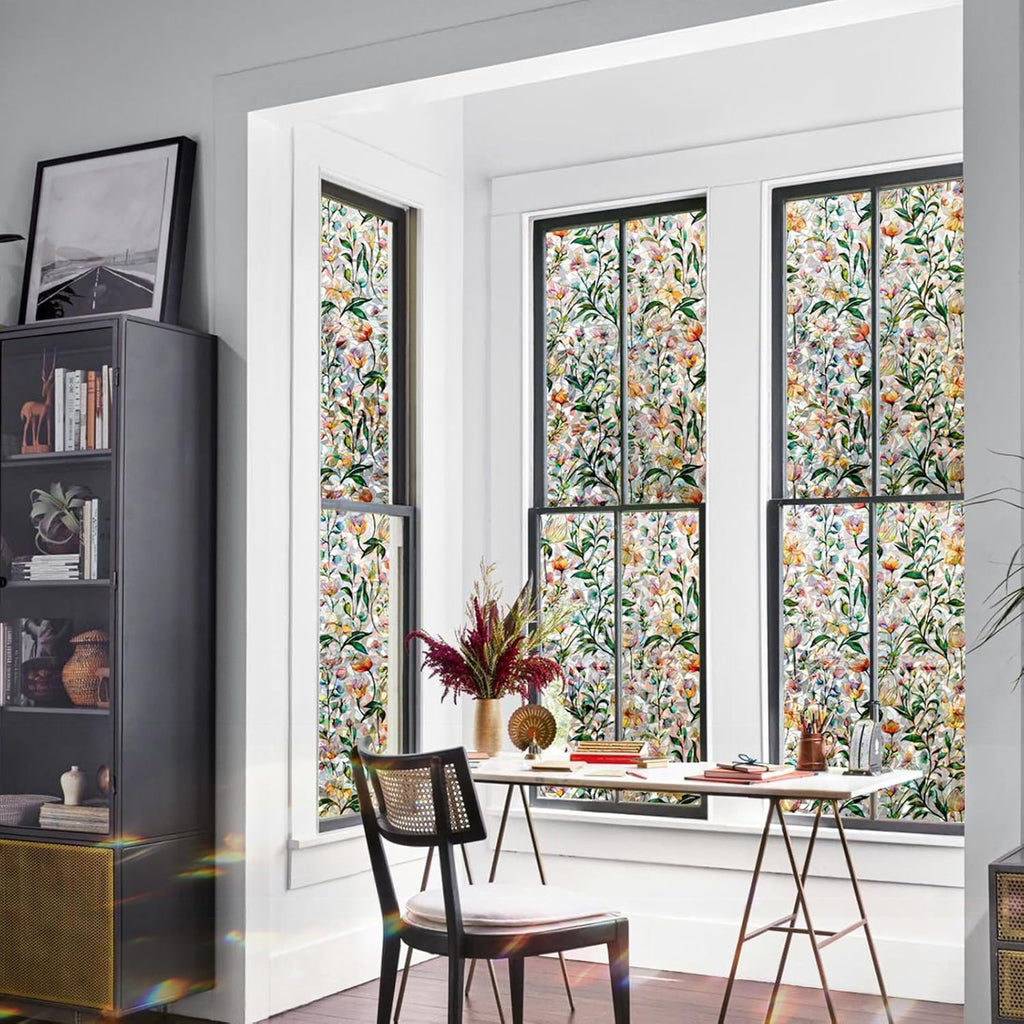 Rainbow Window Privacy Film 3D Floral Decorative Stained Glass Window Film Anti UV Non-Adhesive Reusable 17.5" x 78.7" for Home Room Car Glass Cling