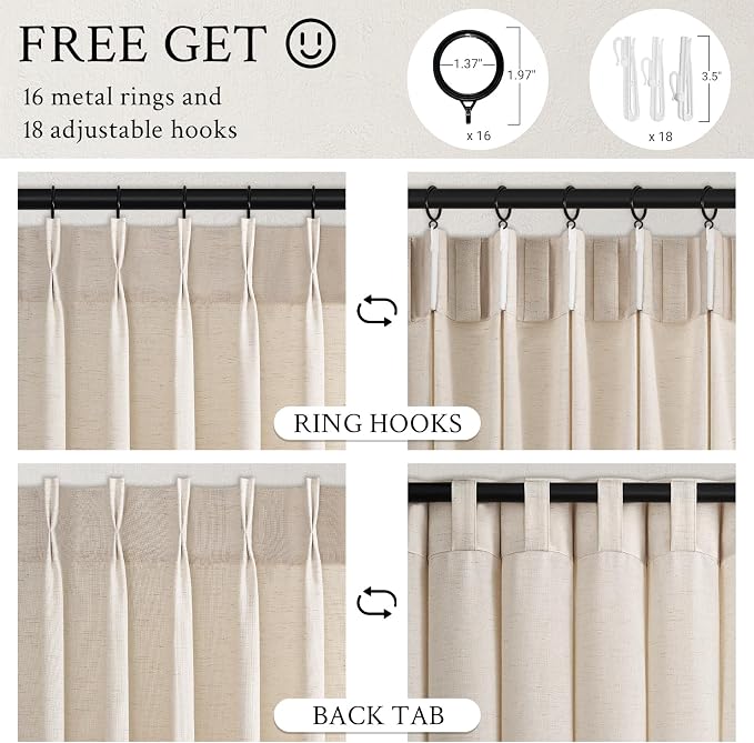 Topfinel 102 Inch Curtains 2 Panels Set, Two Packs Pinch Pleat Back Tab Linen - Image 6