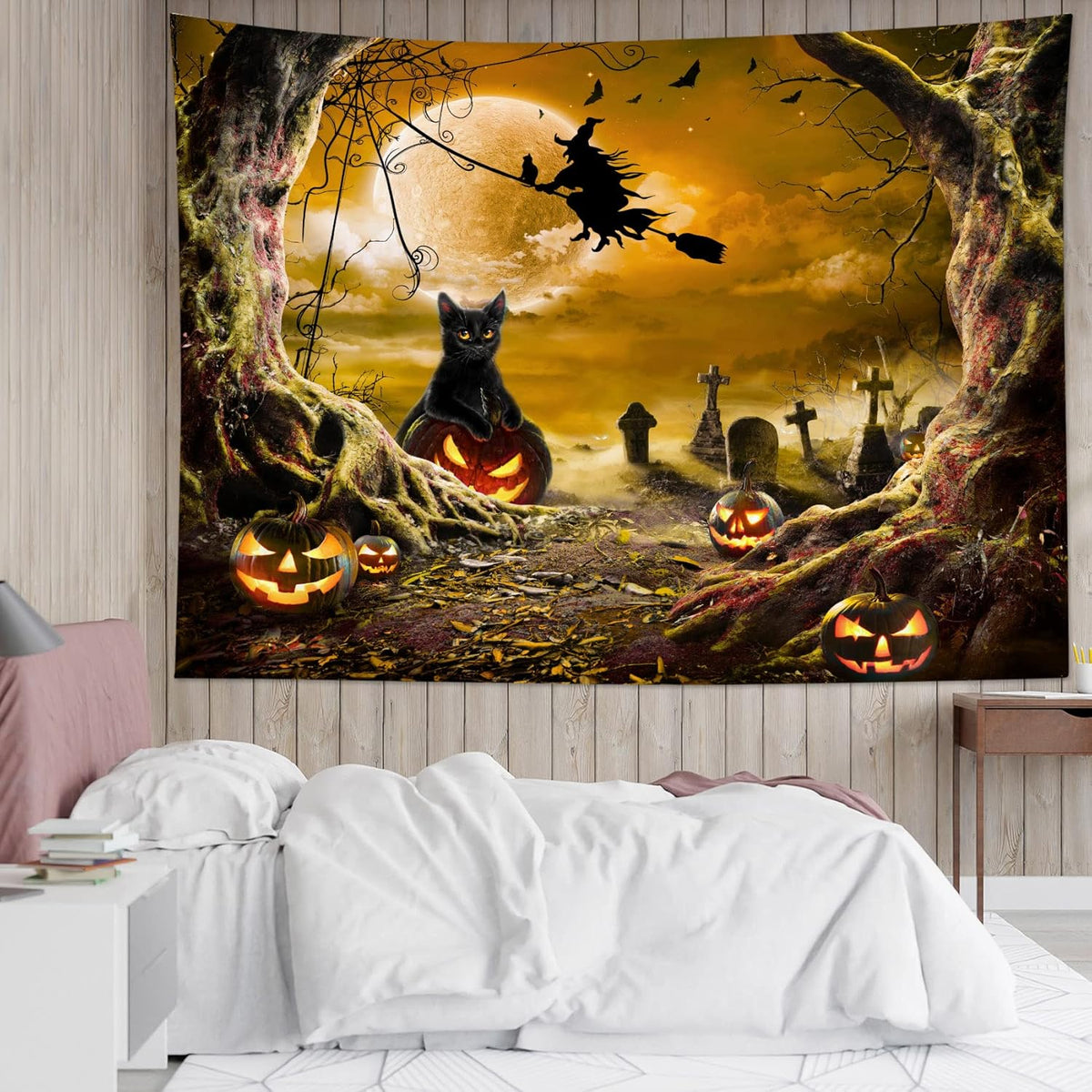 LB Halloween Wall Art: Horror Witch Cat & Dead Tree Pumpkin Lights - Spooky Graveyard & Misty Forest Wall Tapestry for Bedroom & Living Room - 59x51 Inches
