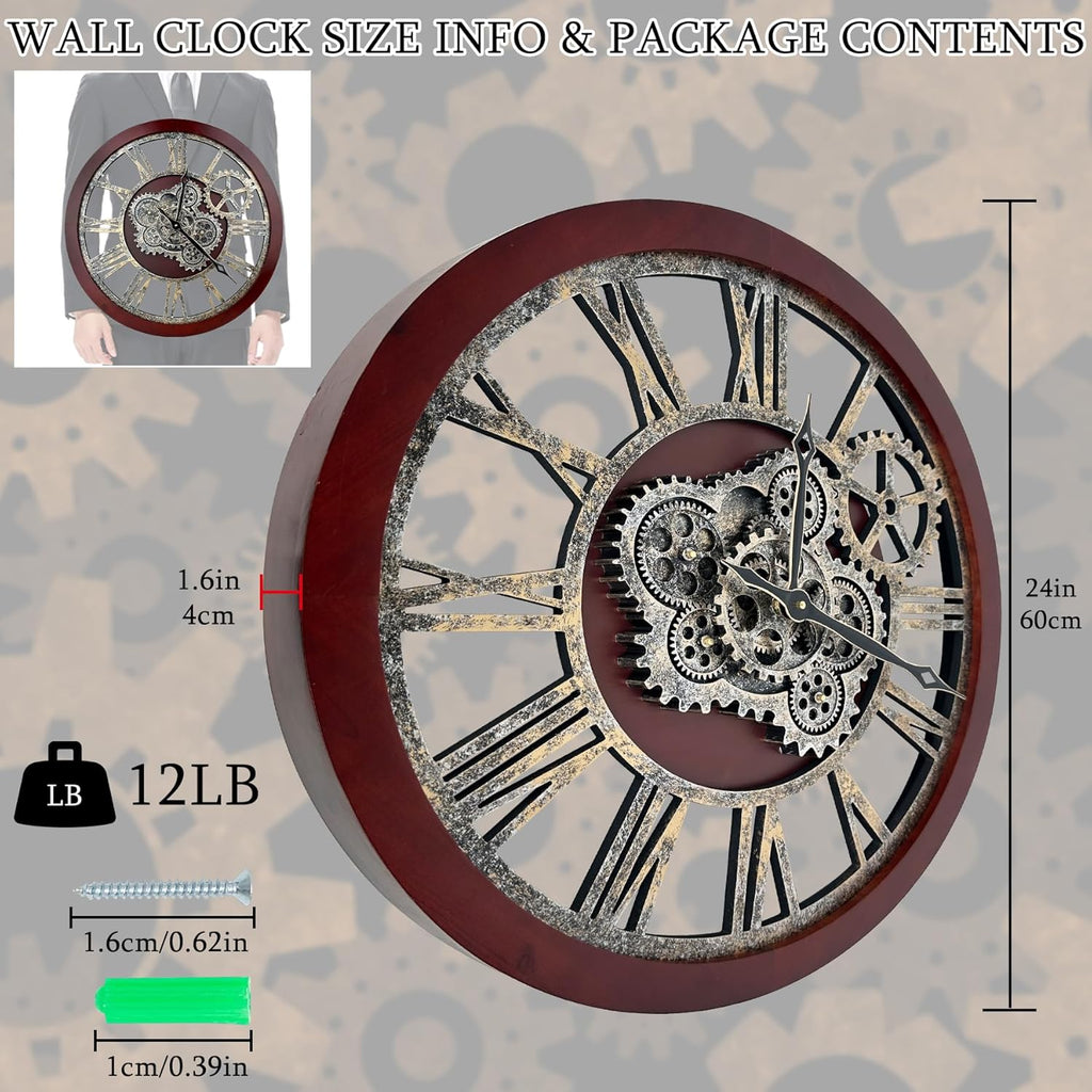 HOIBAI Large Wall Clock, 18 Inch Wall Clocks for Living Room Decor Farmhouse Vintage Rustic Kitchen Wall Decor Vintage Roman Big Oversized Wall Clock for Home Bedroom House Office, Moving Gears Clock