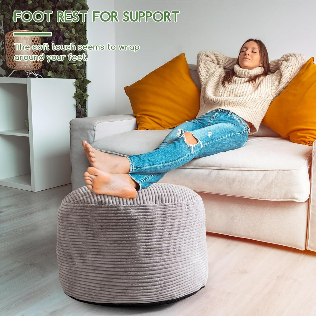 HIGOGOGO Round Stuffed Pouf Ottoman, Corduroy Poufs with Foam Chunk Filling, Furry and Fluffy Pouf Foot Stool Storage Ottoman, 26 X 18 Floor Poufs Foot Rest for Living Room, Grey
