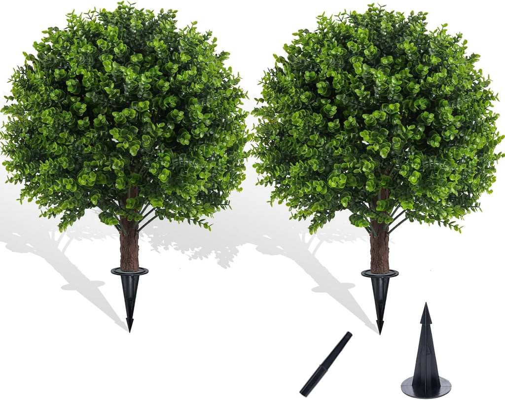 Artificial Boxwood Topiary Outdoor Plants with Spike, 2 Pack Faux Bushes UV Resistant Fake Shrubs for Front Porch Décor