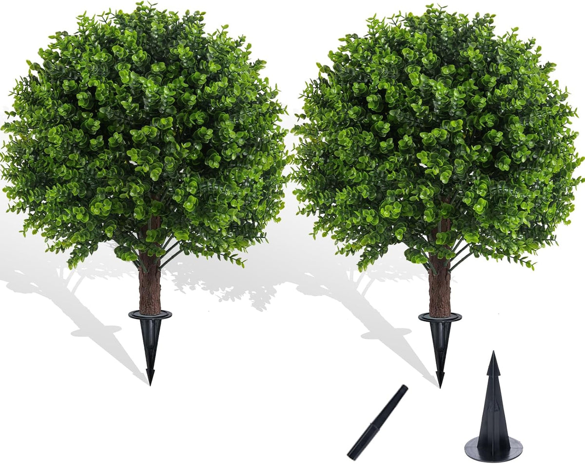 Artificial Boxwood Topiary Outdoor Plants with Spike, 2 Pack Faux Bushes UV Resistant Fake Shrubs for Front Porch Décor