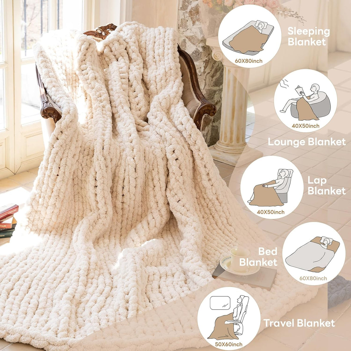 Chunky Knit Blanket - Luxury Soft Cozy 61 * 79 Bold Throw Blanket,100% Woven Blanket Rope Knot Throw Blanket for Couch, Sofa, Home Decor, Gift - Machine Washable（Cream）