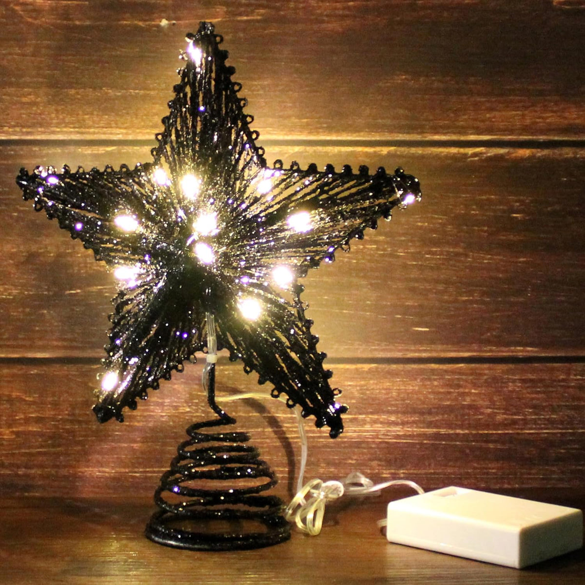 CVHOMEDECO. Tree Top Star with Warm White LED Lights and Timer for Christmas Ornaments and Holiday Seasonal Décor, 8-Inch (Black)
