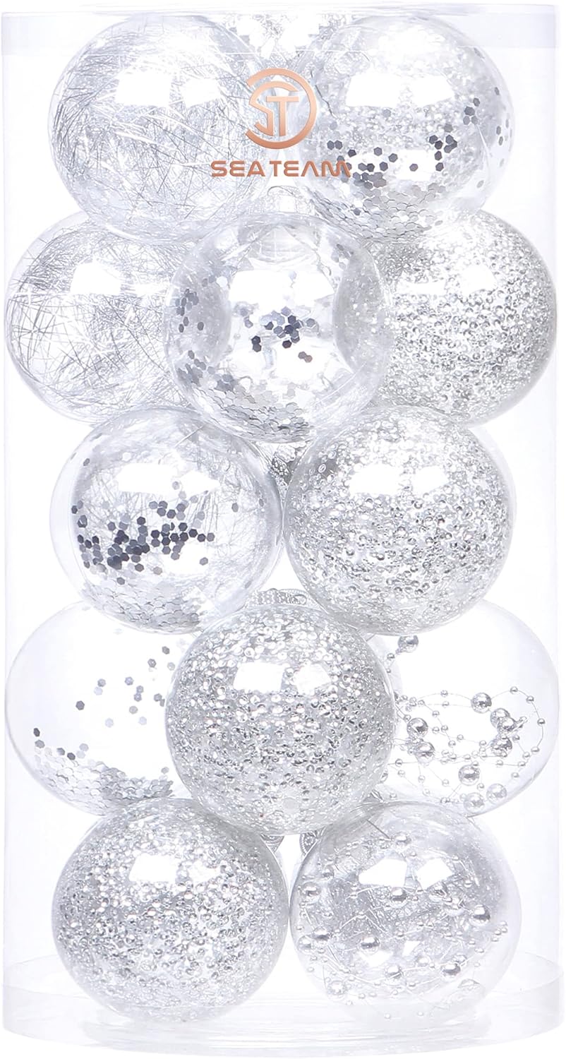 Sea Team Shatterproof Clear Plastic Christmas Ball Ornaments Decorative Xmas Balls Baubles Set with Stuffed Delicate Decorations (80mm/3.15 inch 20-Pack, Silver)