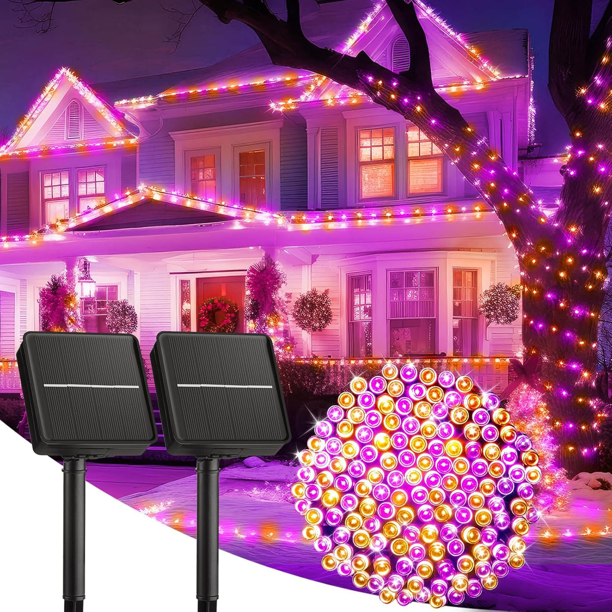 Brightown 2 Pack Halloween Solar String Lights Outdoor, Total 144Ft 400 LED Solar Lights Outdoor Waterproof with 8 Modes for Patio Tree Garden Party Decorations (Orange&Purple)