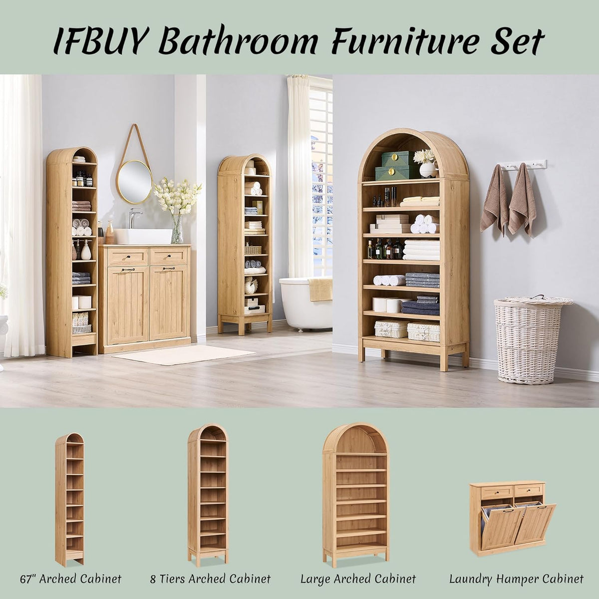 Double Tilt Out Laundry Hamper Cabinet, 20 Gallon Farmhouse Trash Can Cabinet with Drawer, Hidden Wood Garbage Can Bin Cabinets with Laundry Storage Basket for Bathroom, Kitchen (Natural)