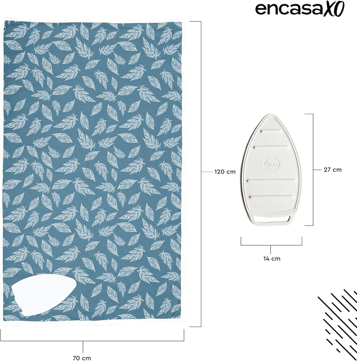 Encasa XO Ironing Mat/Pad (Large 48"x28") with 3mm Padding & Silicone Iron Rest for Steam Pressing on Tabletop or Bed - Heat Resistant, Portable, Quilting & Travel Blanket - Big Leaves Blue