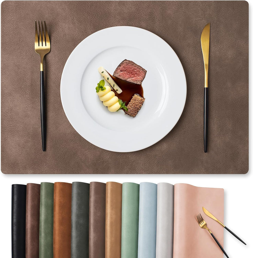 MOSAYT Vinyl Placemats Set of 4-12 X 17 Inch - Faux Leather 100% Waterproof Oil-Proof Wipeable PU Place Mats, Heat Resistant Reversible Table Mats for Kitchen, Dining, Outdoor (Brown)