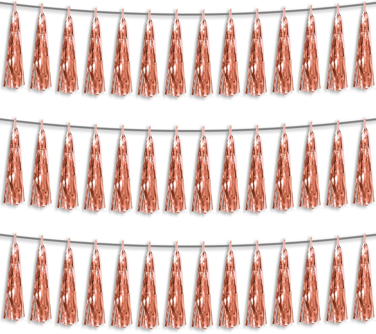 3P Rose Gold Foil Fringe Metallic Tassel Streamers Banner Tassel Garland for Parade Floats, Bachelorette, Wedding, Birthday, Halloween, Christmas, Bridal/Baby Shower Party Decorations