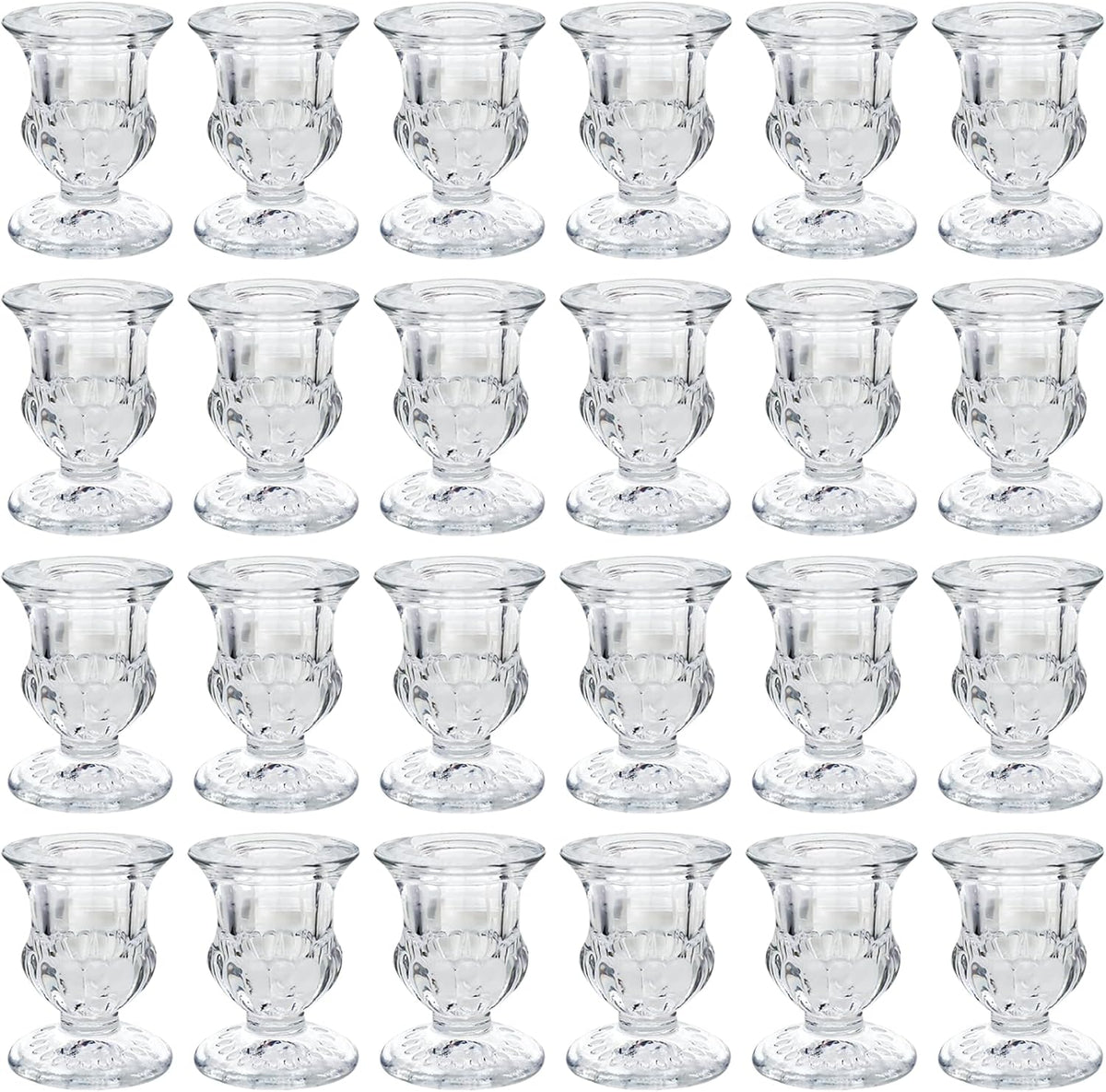 Glass Candle Holders Set of 24- Clear Candlestick Holders & Taper Candle Holders for Wedding Centerpiece Table Decorations, Valentines Day Decor, Party and Romantic Dinner