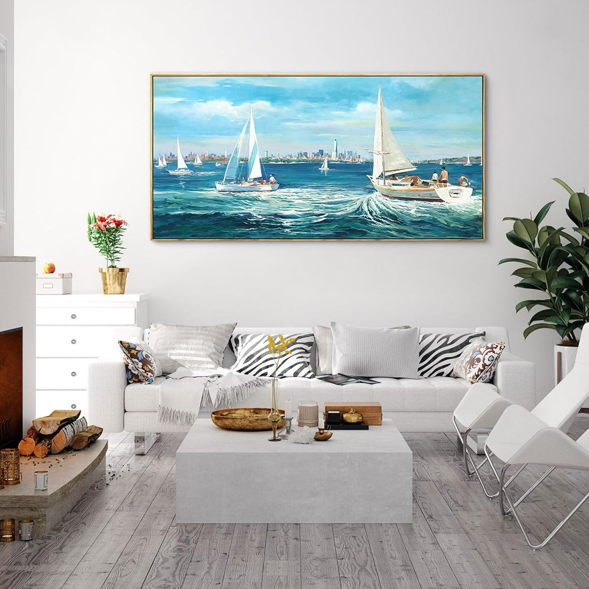 XLSJERST Large Blue Canvas Wall Art Seascape Painting - Landscape Picture Textured Navy Modern Sailboat Ocean Artwork Framed for Living Room Bedroom Bathroom Home Office Wall Decor Large Size 24"x48"