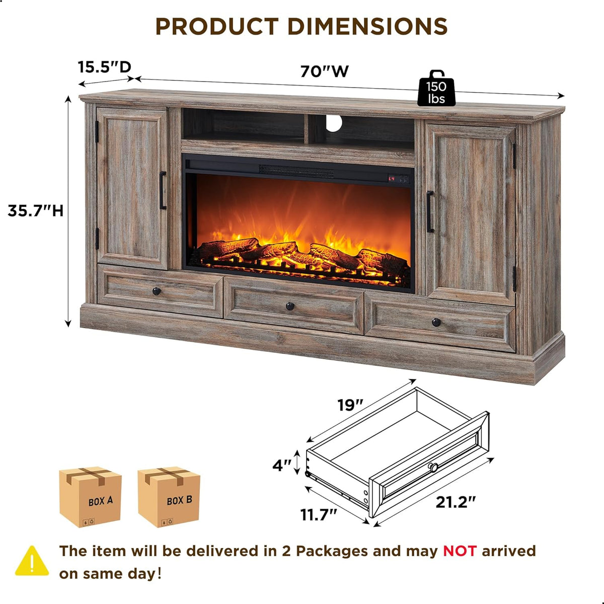 Fireplace TV Stand for 80 Inch TV, 35.7" Tall Farmhouse Entertainment Center W/36'' Electric Fireplace, Media Console with Large Storage Cabinets and Drawers for Living Room, Purple Oak