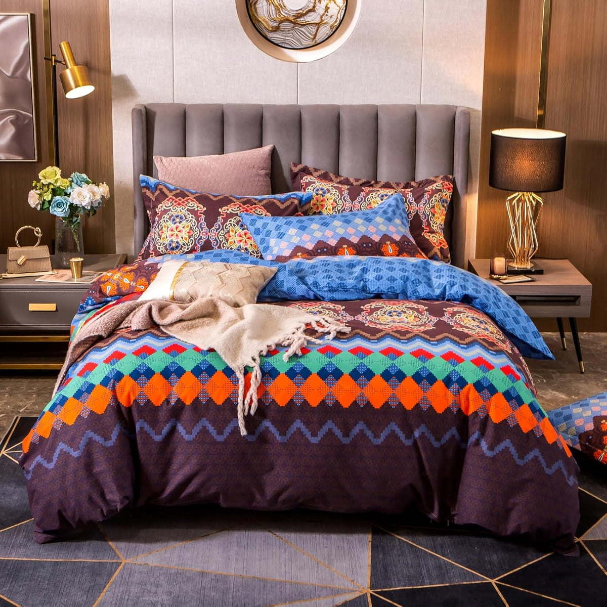ABREEZE Bohemian Duvet Cover Set Colorful Brown Boho Retro Bedding Set Damask Paisley Cotton Duvet Cover Tribal Reversible Bedding Exotic Style Comforter Cover 3-Piece Queen