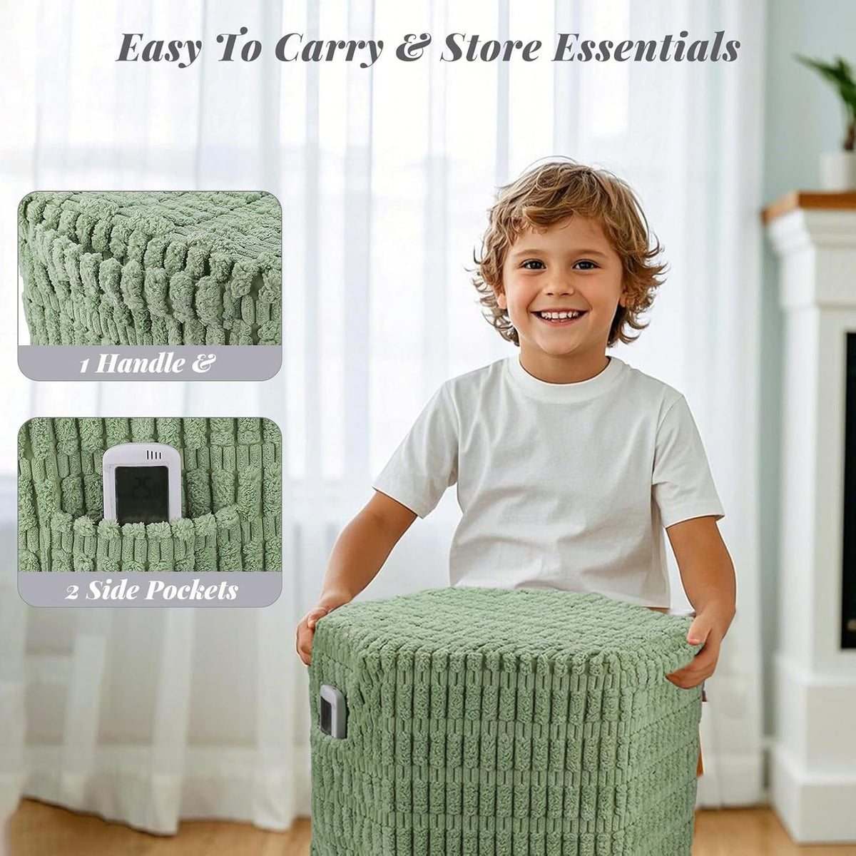 Hexagon Pouf Ottoman Stuffed with 2 Pockets & Handle, Comfort Corduroy Poufs, Non-Slip Foot Stool Storage Ottoman, Foam Floor Poufs Foot Rest for Couch, Bedroom (Green)