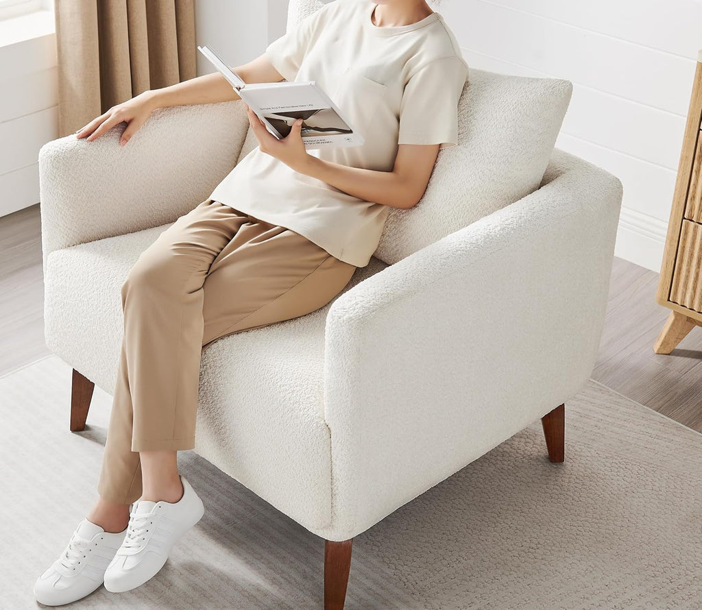 Oversized Accent Chair Modern Boucle Armchair for Living Room- 37" Wide Accent Chair with Solid Wood Legs, White Upholstered Lounge Chair for Bedroom & Office, Cozy Reading Chair (Easy Assembly)