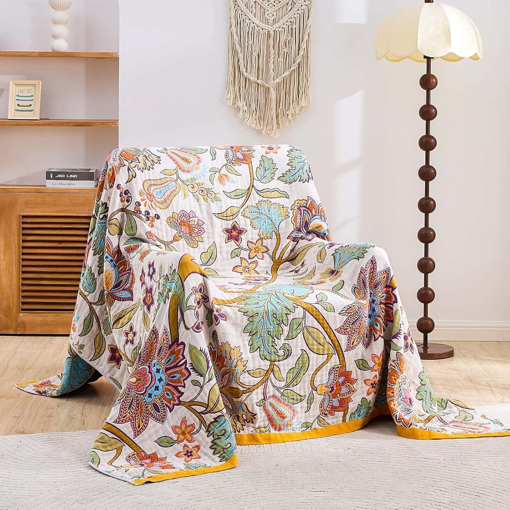 Boho Throw Blanket for Bed, 100% Cotton Soft Rustic Quilt Fall Blanket, 90"x98" Floral Printed Farmhouse Decor Bed Blankets, All Season Rustic Reversible Bohemian Throw Quilt