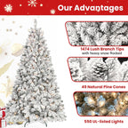 7.5 ft Prelit Flocked Christmas Tree, Lighted Full Christmas Tree with Pine Cones & 550 UL Lights, Snow Frosted Artificial Christmas Tree with Lights, Auto Hinged Xmas Tree for Holiday Décor