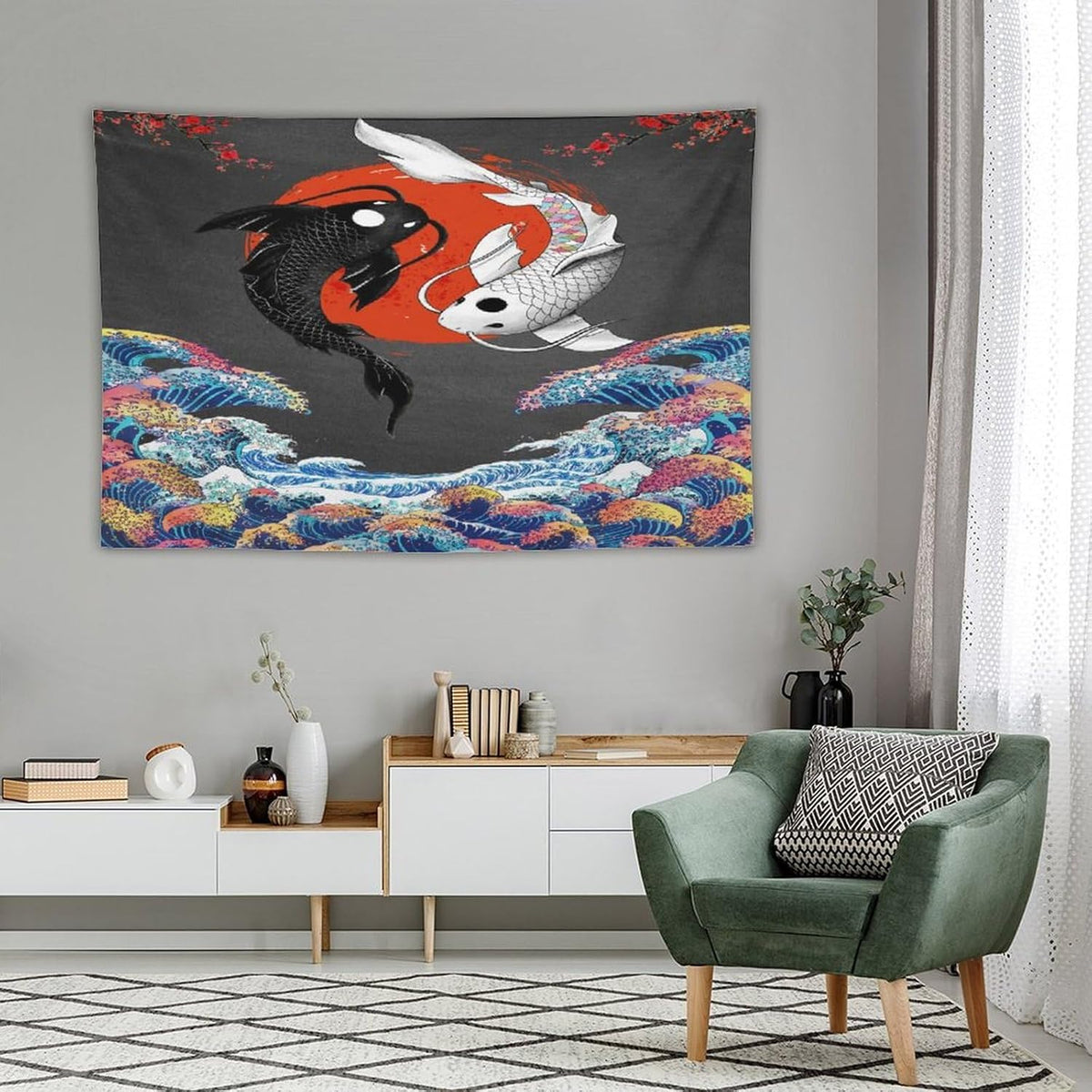 Houselerax Japanese Koi Fish Tapestries, Yin Yang Big Wave Cherry Blossom Tapestry Wall Hanging for Bedroom Living Room Office Decor 90"x60"