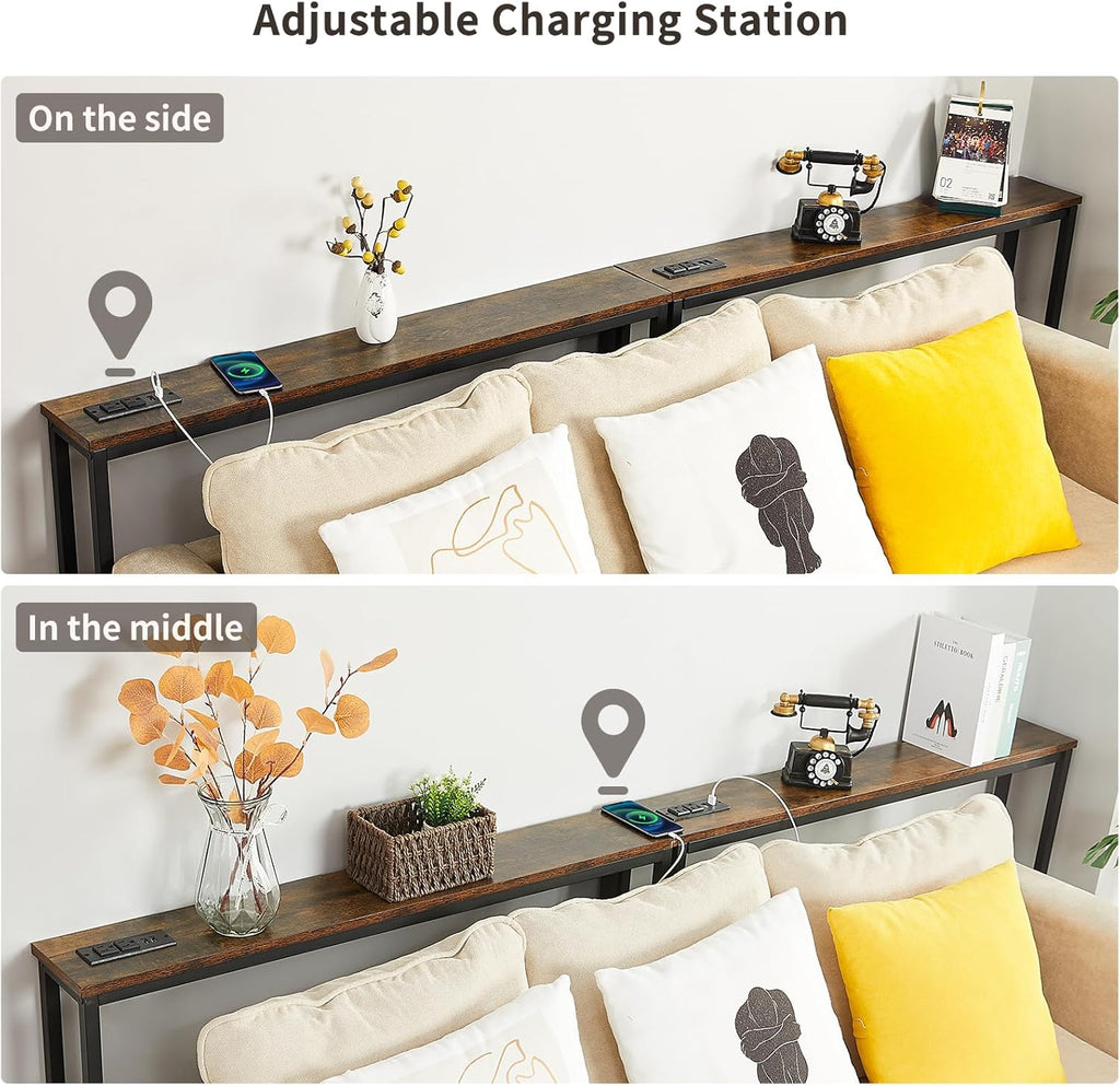 ELYKEN 5.9" Narrow Console Sofa Table with Power Outlets and USB Port, 5.9" Dx39.4 Wx31.1 H Long Behind Couch Table with Metal Frame and 6.5’ Extension Cord, Rustic Brown