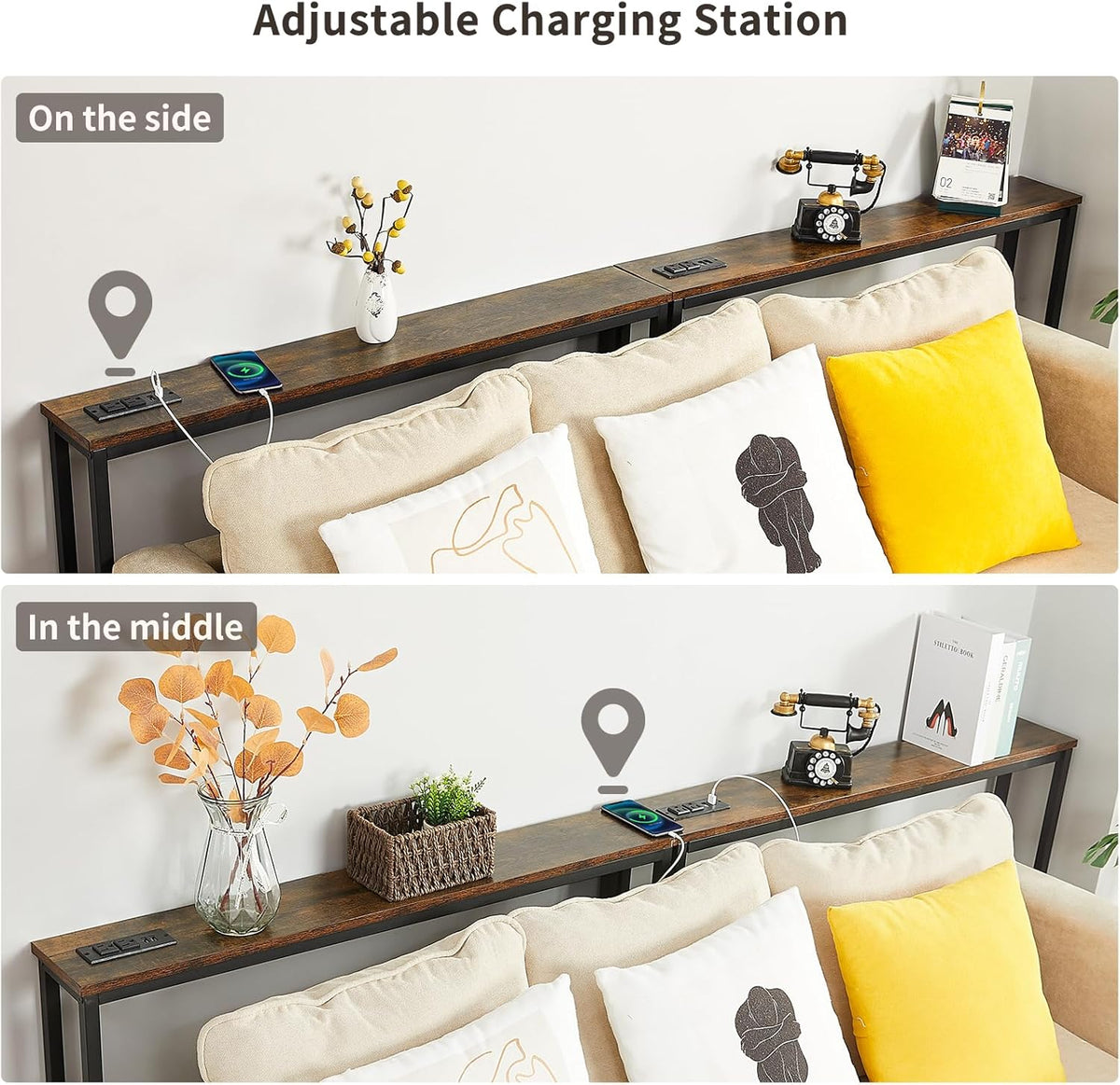 ELYKEN 5.9" Narrow Console Sofa Table with Power Outlets and USB Port, 5.9" Dx39.4 Wx31.1 H Long Behind Couch Table with Metal Frame and 6.5’ Extension Cord, Rustic Brown