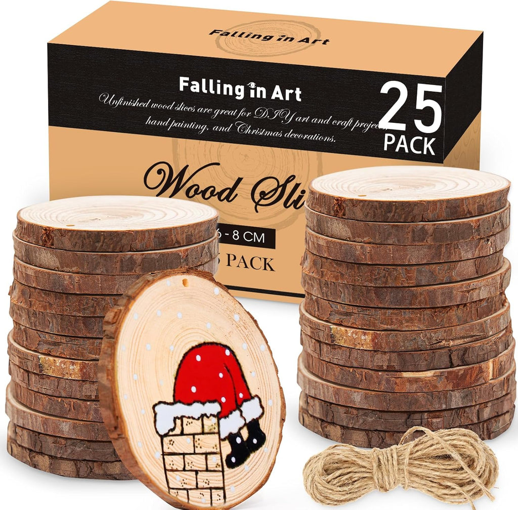 Falling in Art 2.3-3.1 Inches Natural Wood Slices Set for Crafts - 25Pcs Round Wood Discs with Pre-drilled Hole for DIY Projects, Christmas Ornaments and Wedding Decoration