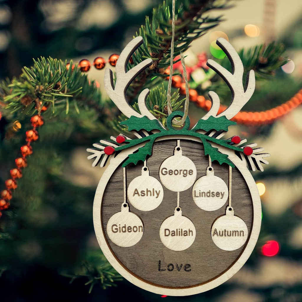 2025 Personalized Christmas Ornaments Family of 2/3/4/5/6/7/8,Custom Reindeer Christmas Wooden Ornaments Deorations with Names,Customized Xmas Ornament Tree Deorations,Personalized Xmas Gifts