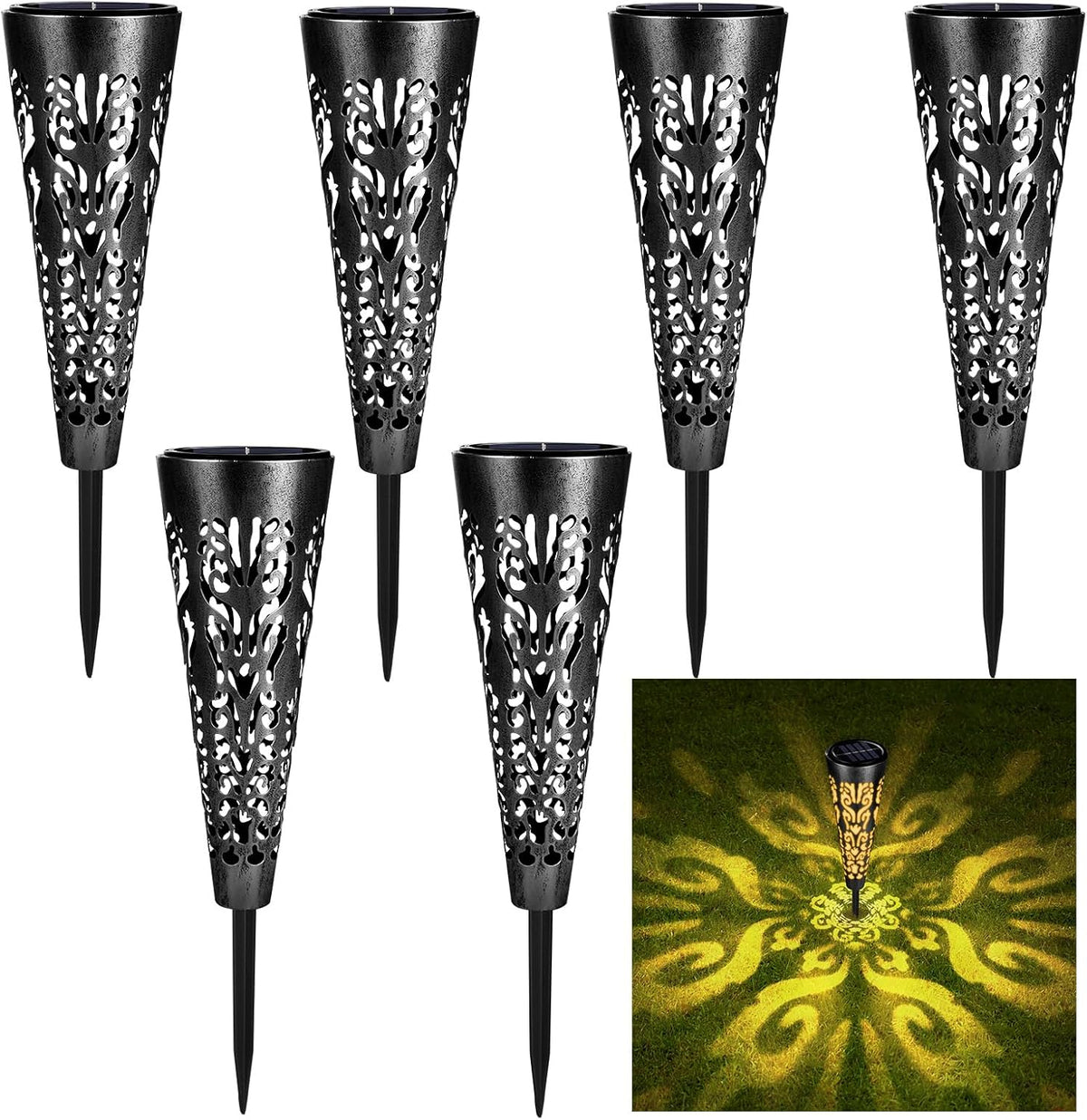 pearlstar Solar Lights Outdoor Garden Decorative Pathway Lights Waterproof Unique LED Solar Stake Lights for Patio Yard Walkway Driveway Landscape Decor, Conical, Warm Lights, Black-6pack