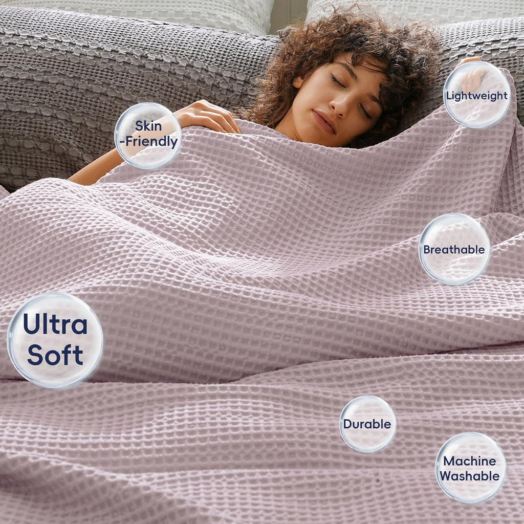 PHF Ultra Soft Waffle Weave Blanket Queen Size 90"x 90"- Washed Lightweight Breathable Cozy Woven Blanket for Bed - Aesthetic Decor for Couch Bedding Sofa Home Car - Dusty Rose