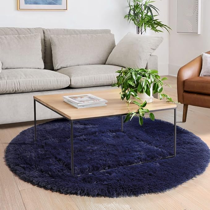 Amdrebio Dark Navy Blue Round Fluffy Area Rug 5Ft - Image 3