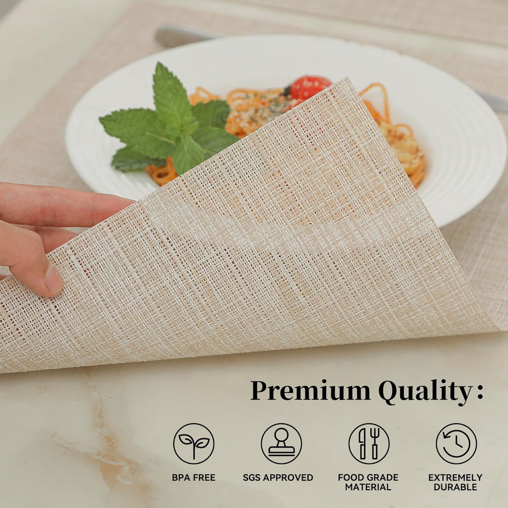 Leetaltree Beige Placemats Set of 16 - Heat Resistant Non-Slip Place mats for Dining Table, Washable Durable PVC Vinyl Woven Table Mats（Beige, 16）