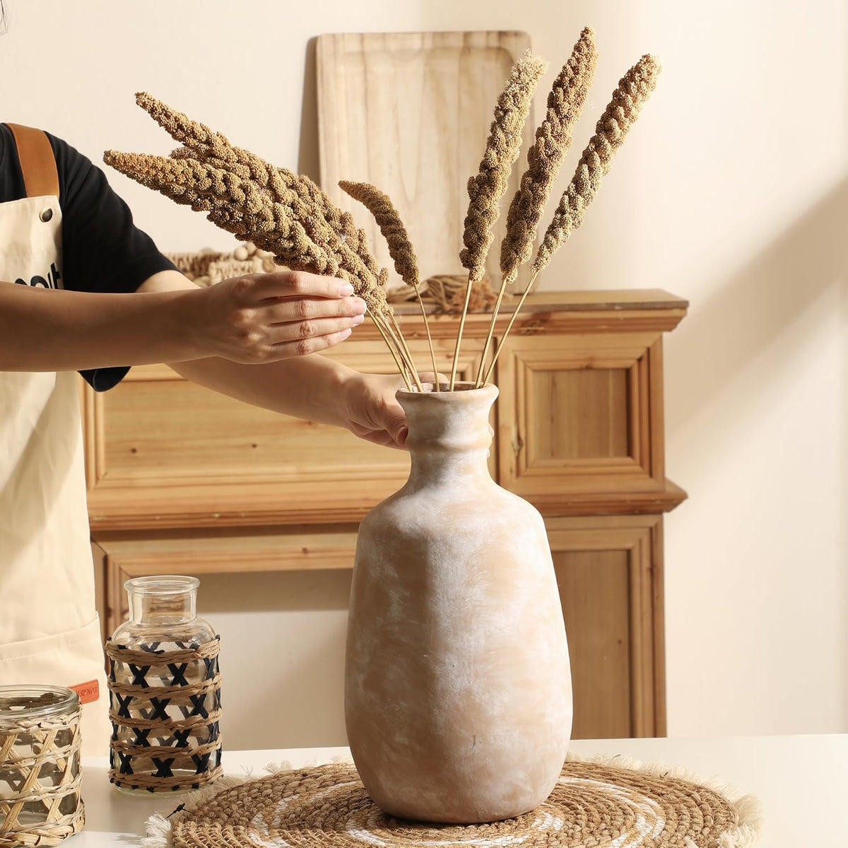 Ceramic Rustic Flower Vase, 12.4" Large Farmhouse Vases Home Decor Pottery Neutral Decorative Vase Pampas for Table Entryway Bookshelf Living Room Kitchen Bedroom