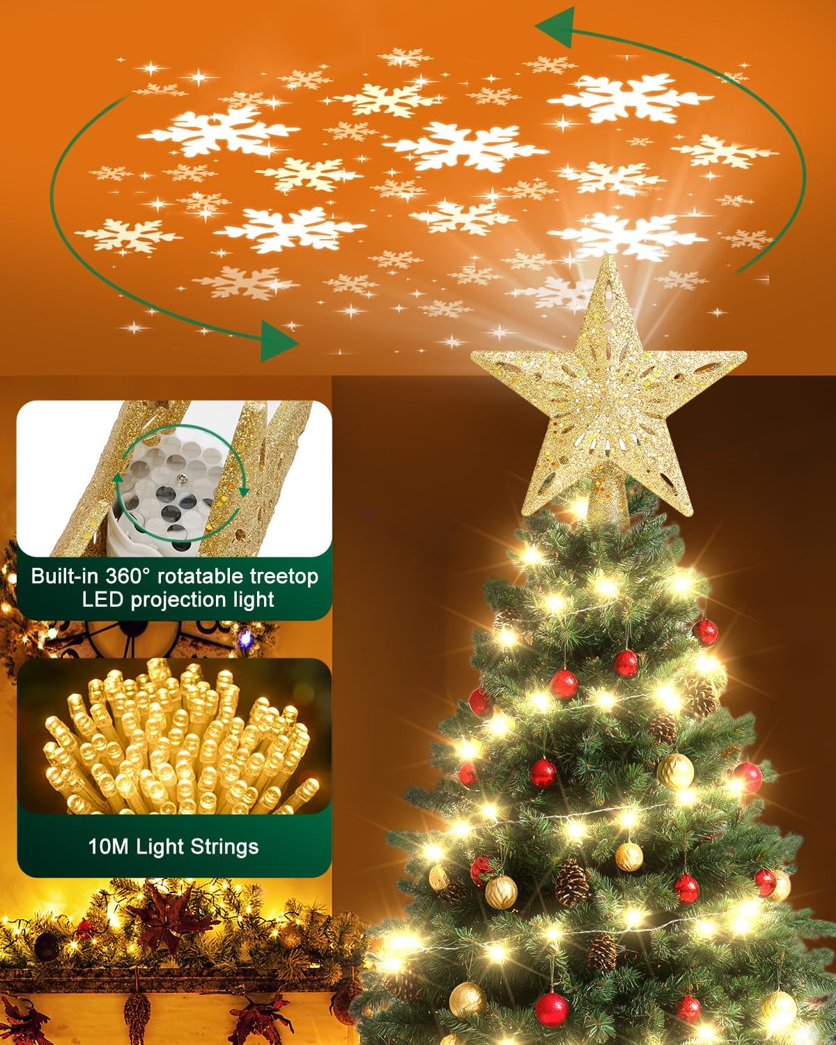 Kesfitt Christmas Tree Topper with 10M Warm Light Cord, Tree Top Star Decoration with 6 Projection Modes, Gold Tree Topper Lighted 3D Glitter Dynamic Projection for Xmas Party Holiday