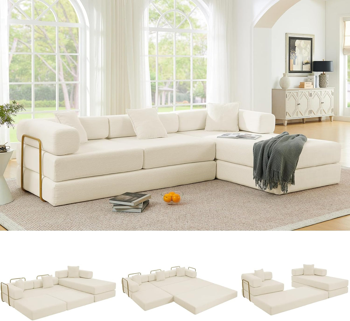108" Oversized Convertible Sleeper Sofa Bed, Corduroy L Shape Sectional Couch, Folding Sofa Bed with Side Pocket, Modern Cloud Floor Mattress Couch, Modular Sofa for Living Room, Beige
