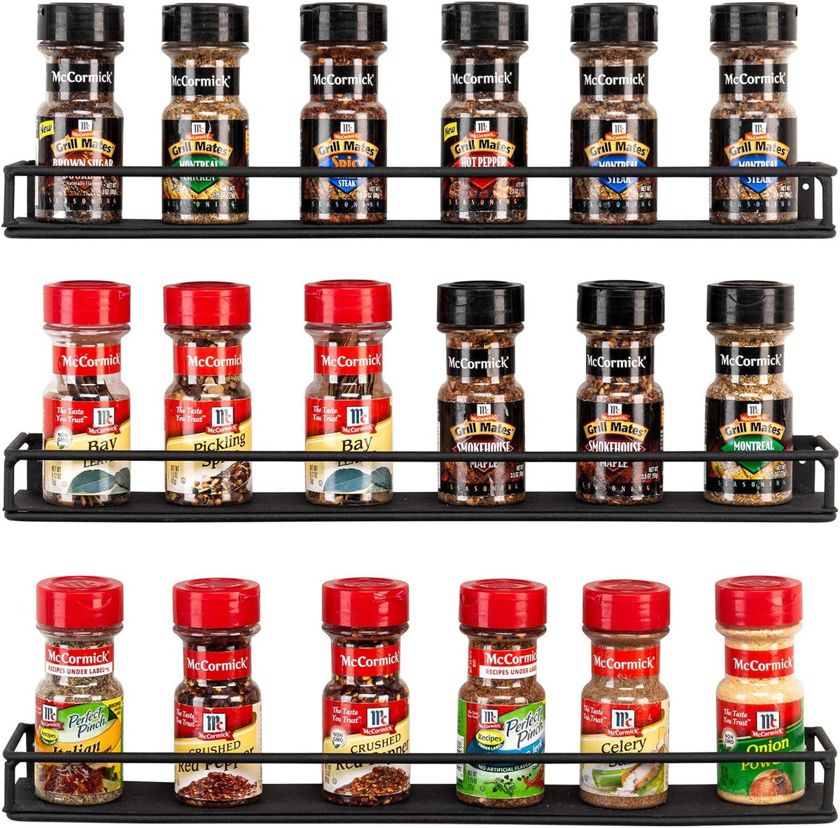 MyGift Set of 3 Wall-Mounted Black Metal Nail Polish and Essential Oils Display Shelves, Kitchen Spice Jars Rack