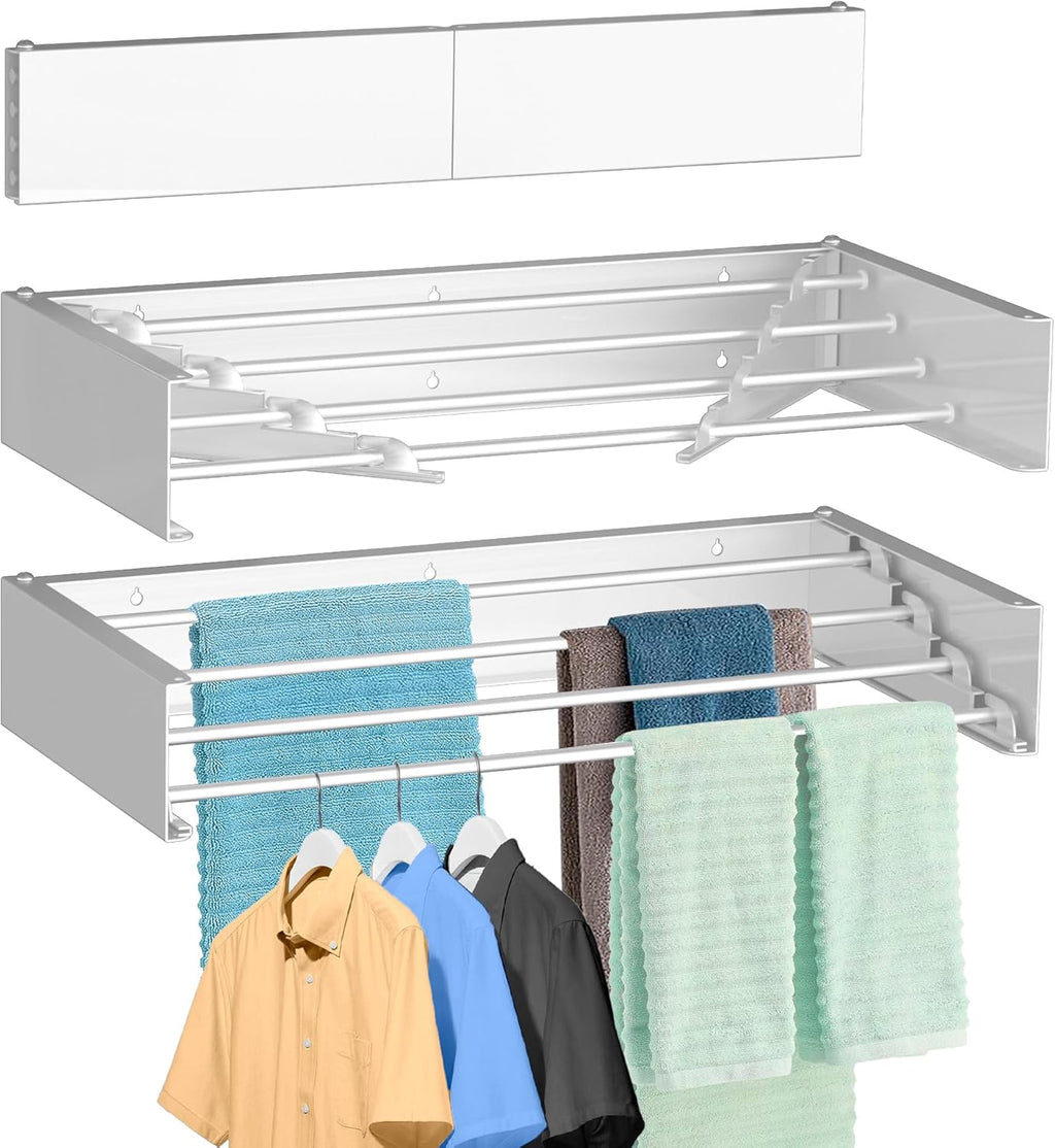 FOCHIER F Laundry Drying Rack Wall Mounted Clothes Drying Rack Collapsible with 4 Aluminum Rods and Drilling Template Long Screwdriver Bit 60 lbs Capacity (White, 23.6")