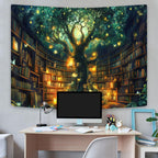 Fantasy Library Tapestry, Fairytale Tree Magic Bookshelf Aesthetic Tapestries for Classroom, Witchy Fairy Tree Mysterious Vintage Bookshelf Book Art Tapestry Wall Hanging College Room Bedroom, 60X40