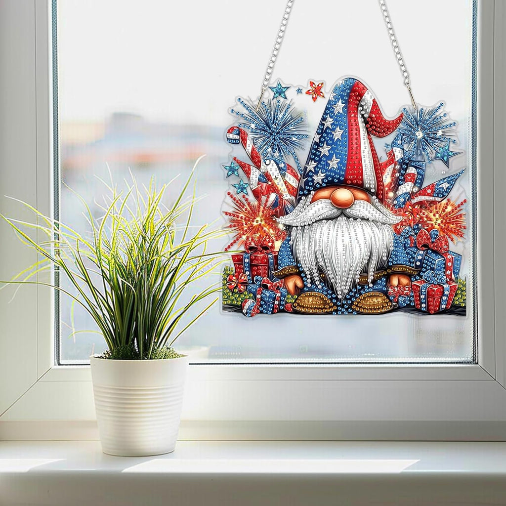SENQAO Gnome Diamond Art Hanging Kit for Adult, Special Shaped Rhinestone, Double Sided DIY Acrylic Diamond Art Painting Window Pendants Home Garden Wall Hanging Kits Hanging Ornament(4Th of July)