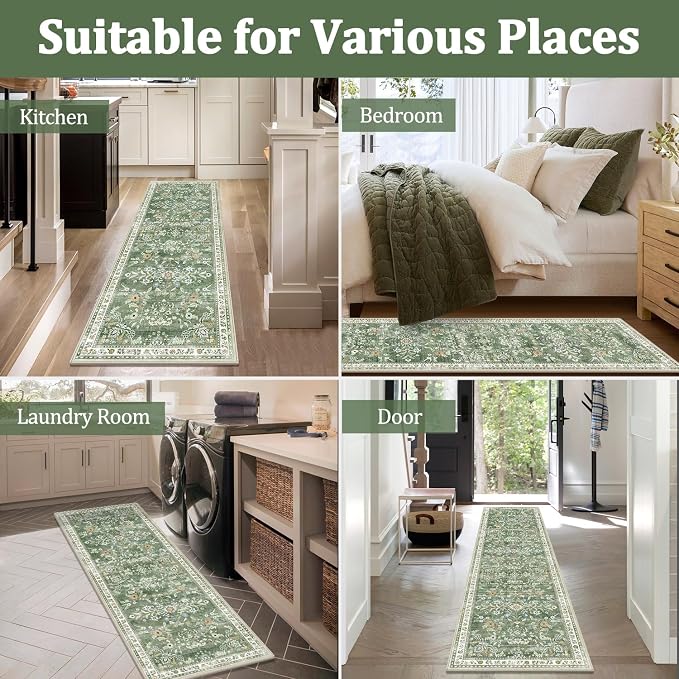 Yamaziot 2x5 Washable Hallway Runner Rug Non Slip Floral Carpet, Sage Green | - Image 6