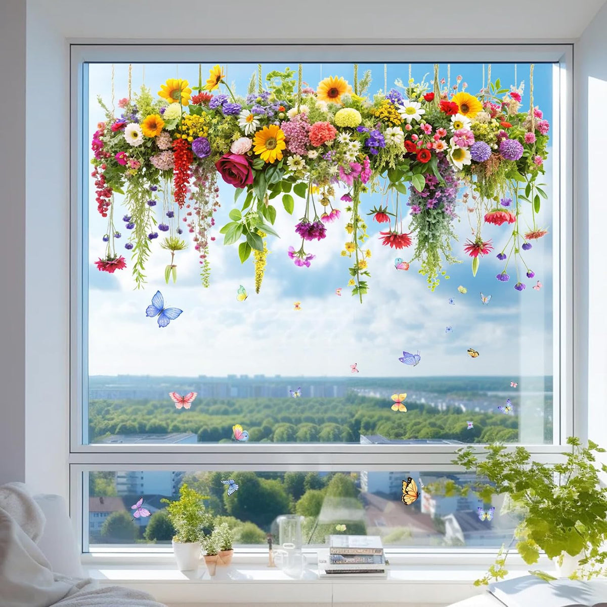 2 Set Colorful Floral Bouquet Window Stickers, Flower Butterfly Window Clings for Glass Windows,Floral Windows Film, Window Decals for Home Kitchen Bathroom Office Decoration