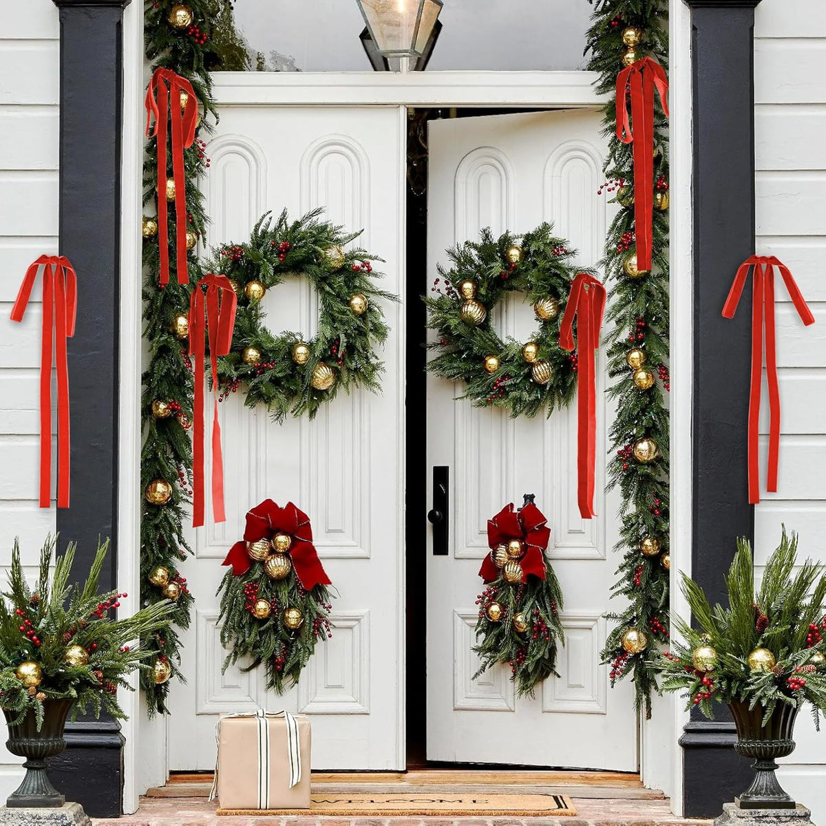 Draupnir Velvet Christmas Bow 10 PCS Red Velvet Bows for Christmas Tree Topper Staircase Wreath 23.62x15.75 inch Large Bow for Christmas Indoor Outdoor Decoration