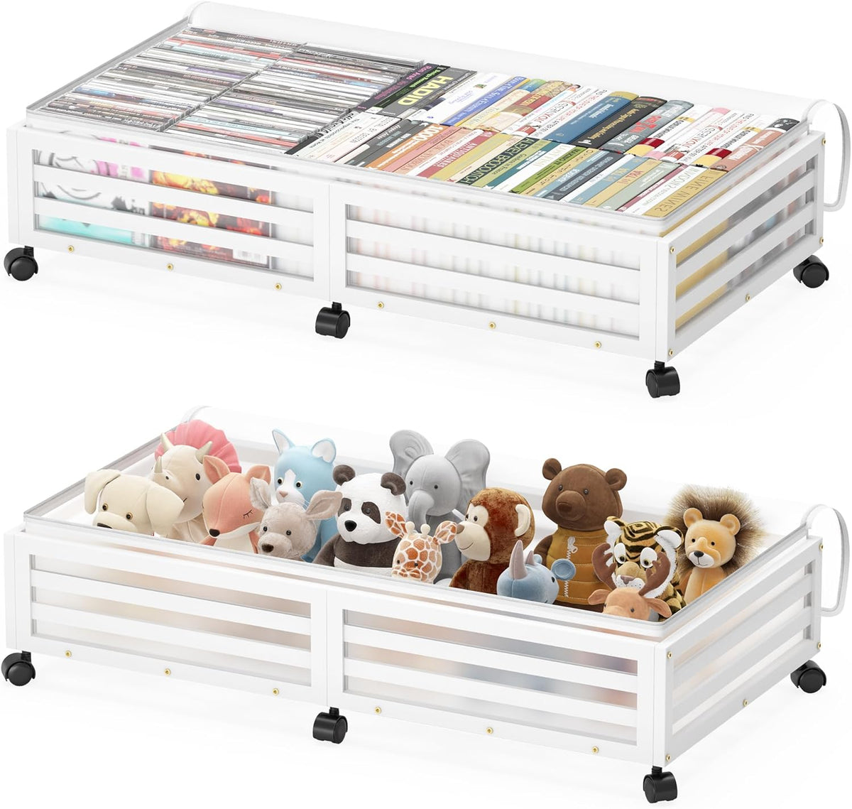 Under Bed Storage Containers With Wheels - 2 Pcs Large Bamboo Wood Rolling Underbed Shoe Storage Bins With Dust Bags for Clothes Blankets, Duvet Covers Snacks Toys (White)