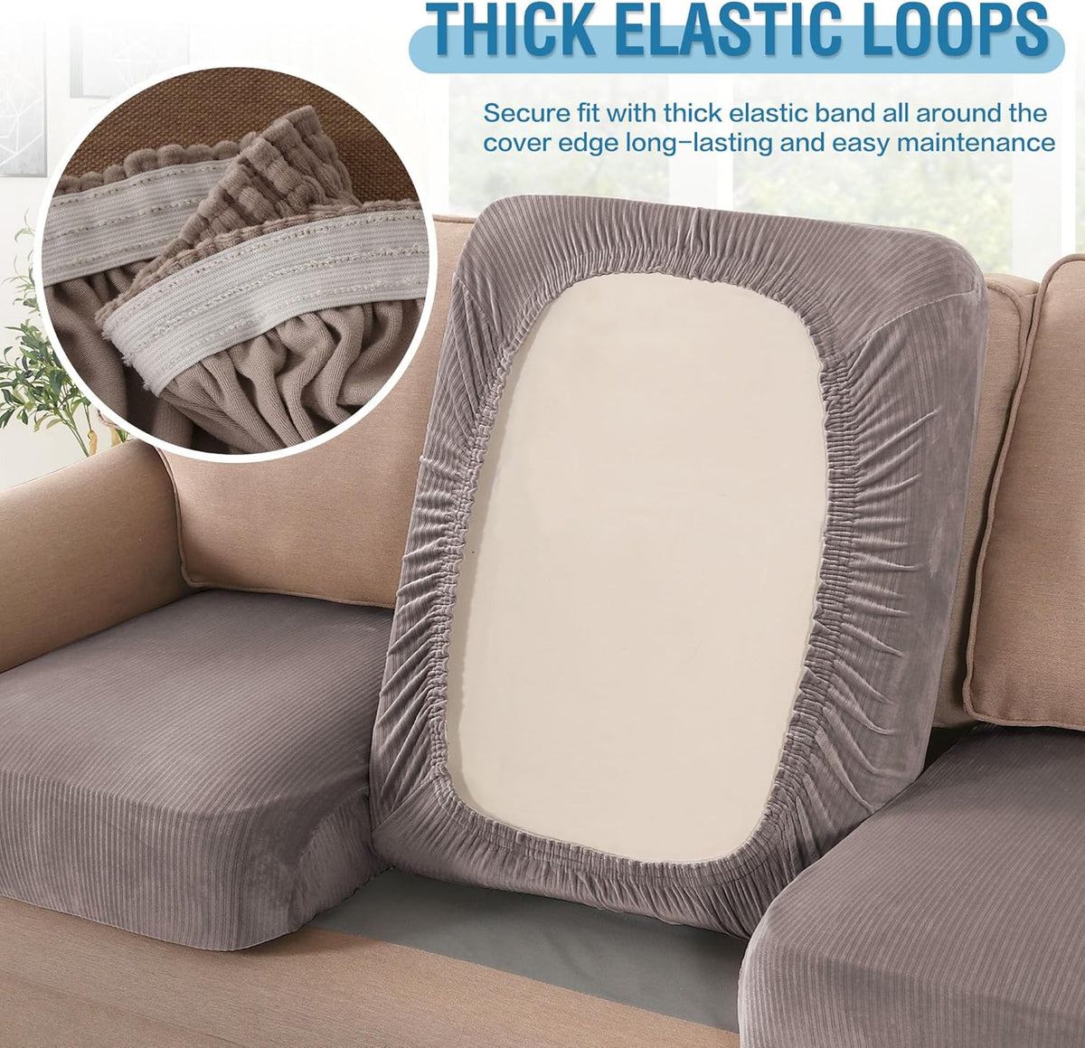 H.VERSAILTEX Velvet Stretch Couch Cushion Cover Plush Cushion Slipcover for Chair Loveseat Sofa Cushion Furniture Protector Seat Cushion Sofa Cover (2 Piece Large Sofa Cushion Covers, Taupe Striped)
