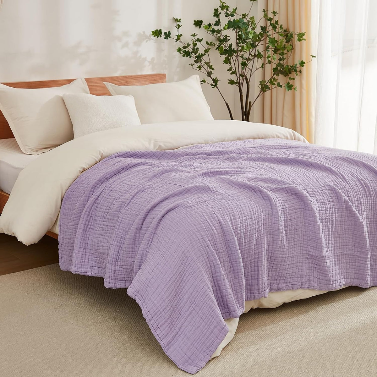 EMME Cotton Muslin Blanket King Size - Soft, Breathable Layering Blanket, 108"x90", All Season Gauze, Lavender