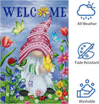 Welcome Spring Gnome Garden Flag 12x18 Double Sided Burlap Butterfly Floral Garden Yard Flags for Spring Summer Rustic Seasonal Outside Outdoor House Decoration (ONLY FLAG)
