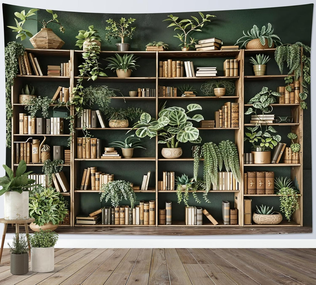 HVEST Green Plant Bookshelf Tapestry Book on Bookshelf and Plant Potted Tapestry Wall Hanging Reading Wall Art Decor for Study Room Bedroom Living Room College Dorm, 40L x 60W Inches