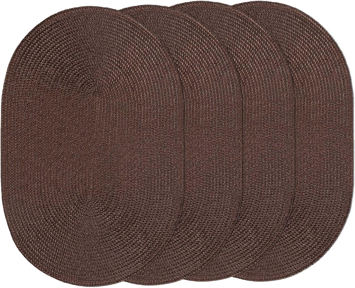 AHHFSMEI Placemats Set of 4 for Dining Table Washable Woven Vinyl Non-Slip 18x12 inches Placemat Heat-Resistant Durable Table Mats for Dining Table Easy to Clean (Oval Brown, 4)