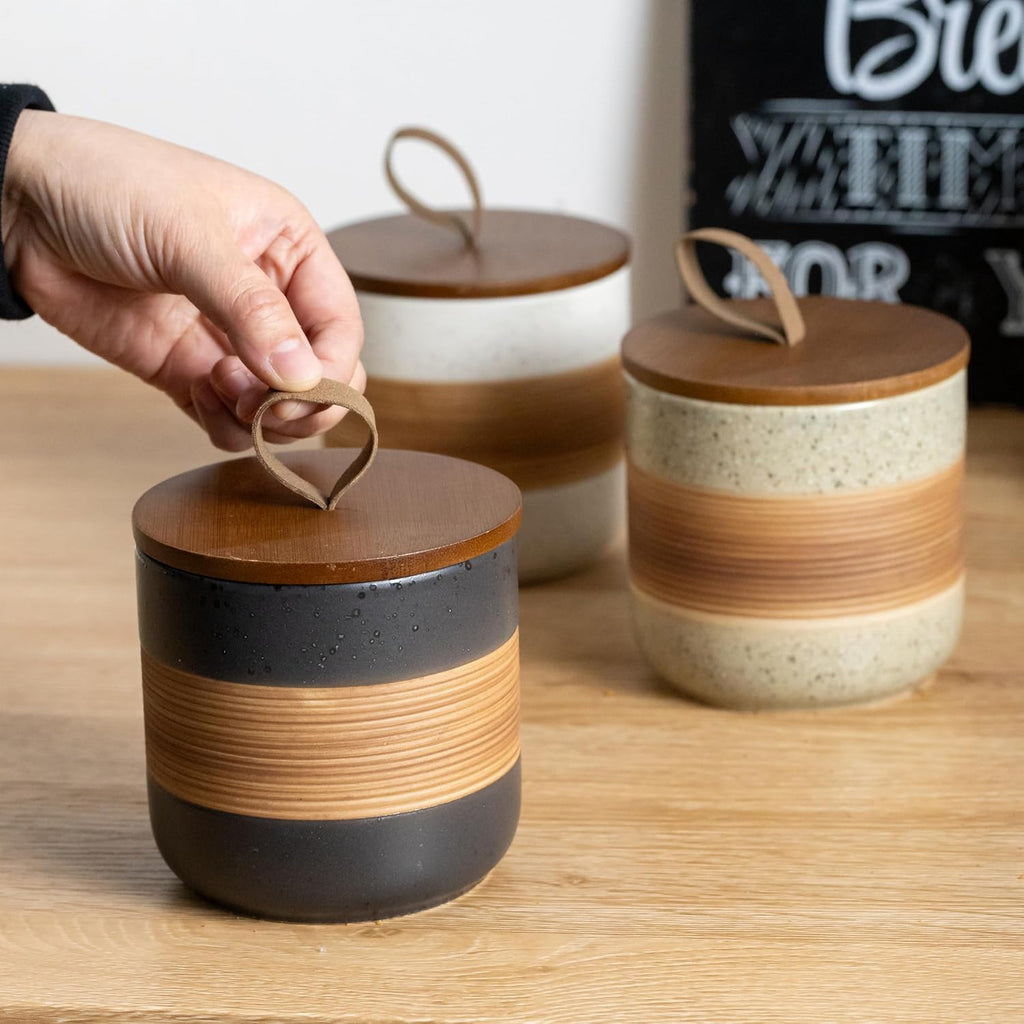 Small Ceramic Jar with Lid, Coffee Container Kitchen Food Storage Jars for Spice Sugar Tea Bag Matcha Container Airtight, Stacairtightkable Decorative Jars for Countertop, Black & 5oz